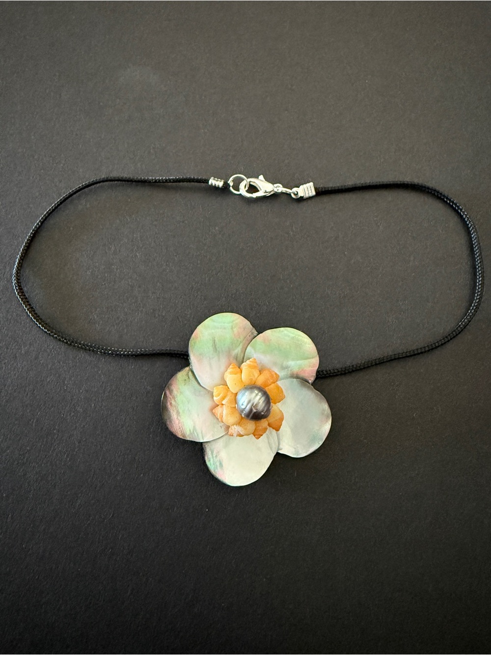 Handmade Dark Mother of Pearl Hibiscus Flower Rope Choker With Shells and Pearl